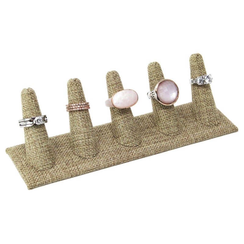 MOOCA 2 Pcs Set Ring Organizer for Showcase Display Drawer 5 Long Ring Storage Holder Jewelry Display Stands Showcase Jewelry Storage Counter, Burlap, 8 W x 2 1/8 D x 2 1/2 H in - Image 4